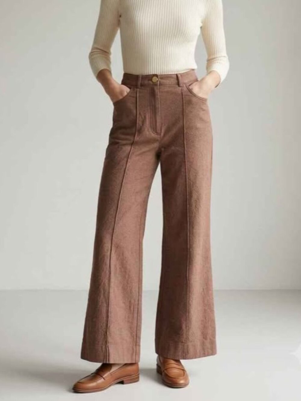 Kate Spade Brown Textured Woven High Rise Wide Leg Trousers Pants Size 0